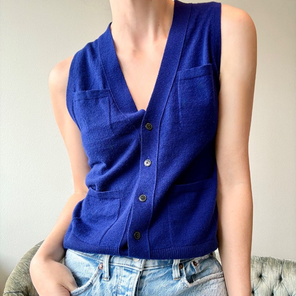 DemyLee Cashmere Vest Button Front Sleeveless Top Blue Small Twee